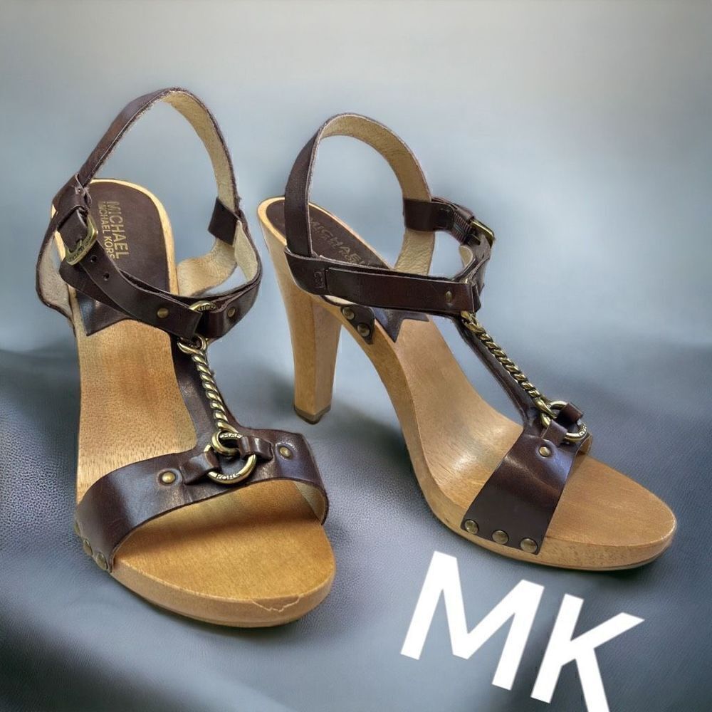 Michael Kors Women's Slingback Wooden Platform Heels Dark Brown Size 10M